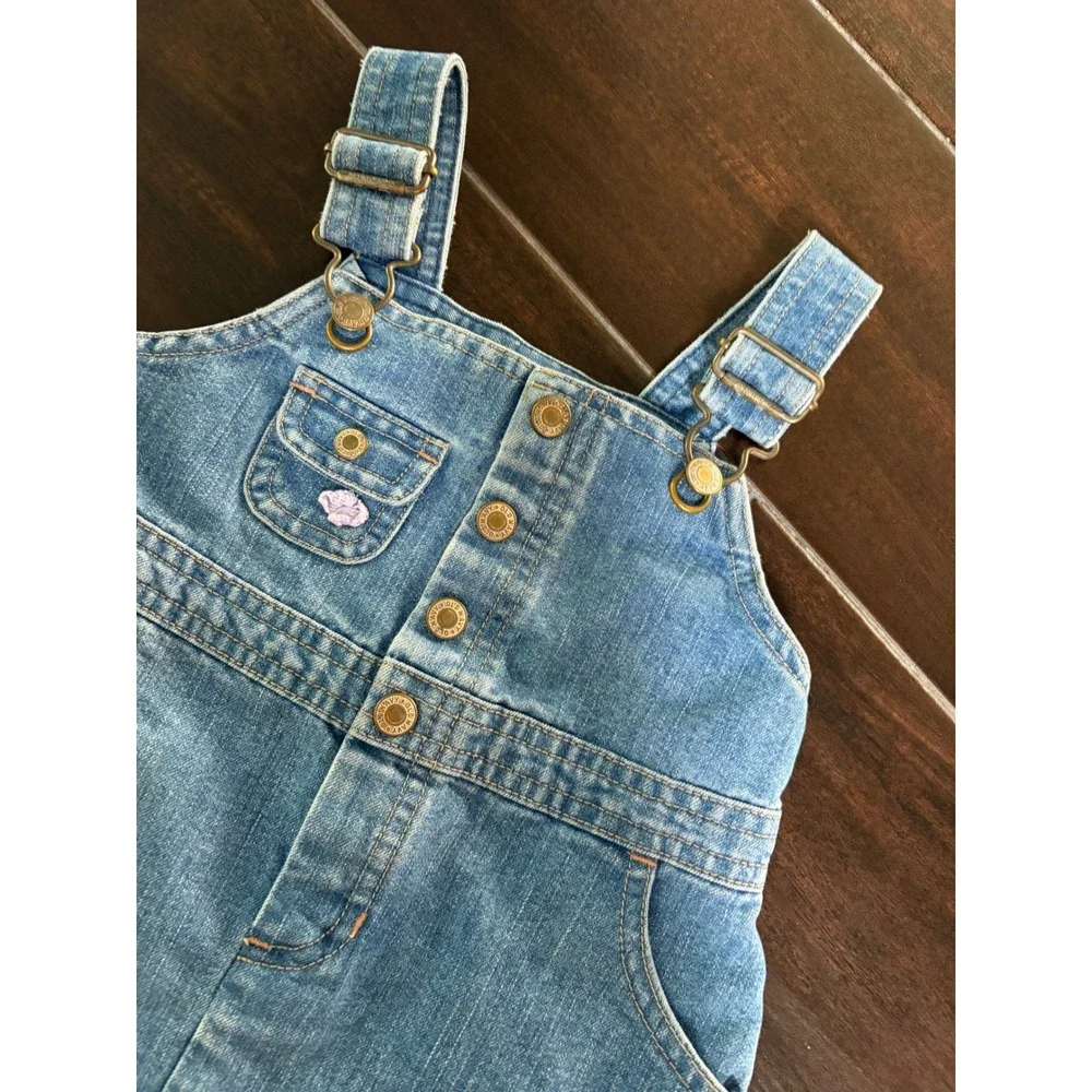 Old Navy Baby Girls Denim Overall Dress Floral Embroidered Y2K Vintage 12-18M